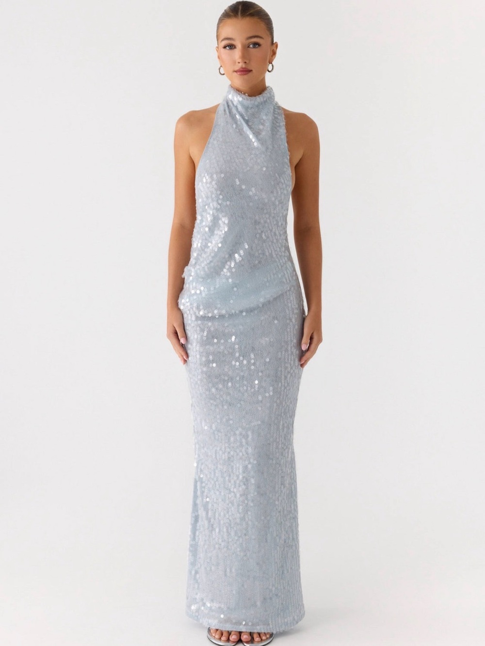 NWT Peppermayo Blue Silver Sequin Halter Backless Maxi Dress Cowl Neck Size 6 - Picture 3 of 6